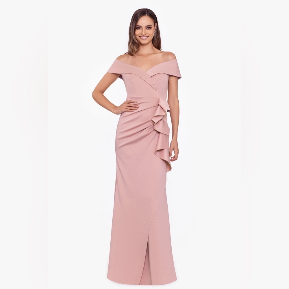 "PATTI" LONG OFF THE SHOULDER SCUBA CREPE DRESS